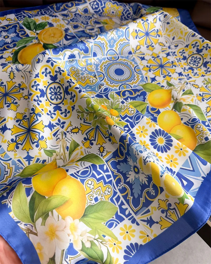 Lemon Print Silk Square Scarf Women Luxury Soft Satin Kerchief Thin Neck Scarf Fashion Sunscreen Headscarf For Women Bag Ribbon