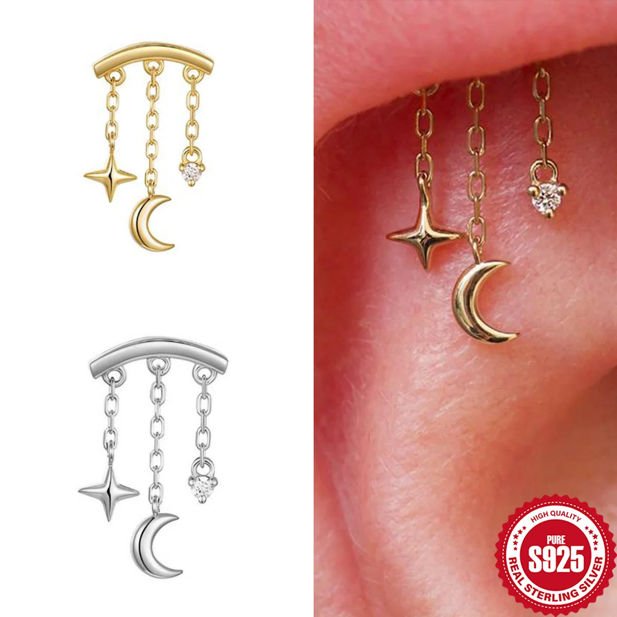 AIDE Star Moon Chain Tassel  925 Sterling Silver Shiny For Woman Piercing Earring Fashion Dainty Luxury Style fine jewelry