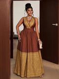 plus Size Sleeveless V-Neck Dress Geometric Pattern Ruffle Hem Women's Fashion Casual Maxi Dress