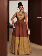 plus Size Sleeveless V-Neck Dress Geometric Pattern Ruffle Hem Women's Fashion Casual Maxi Dress