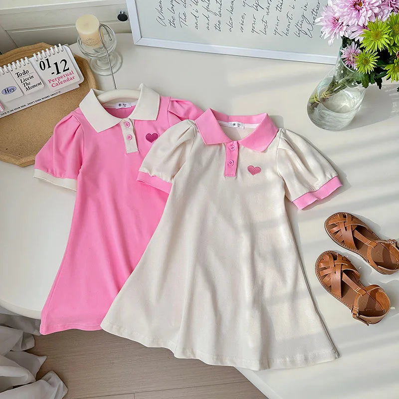 2026 Summer Stylish Girls' Polo Shirt Dresses 1-7Y Trendy Embroidered Heart Lapel Dress for Kid's Children's Clothing Outfit