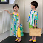 2026 Summer Children Siblings Look Cotton Green Painting Kids Girls Sling Dresses Loose Turn Down Collar Toddler Boys T-shirts