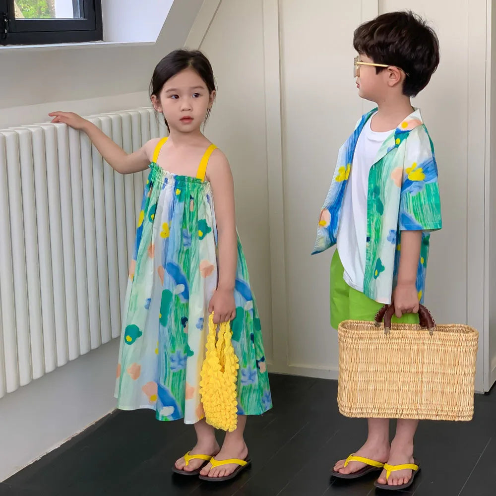 2026 Summer Children Siblings Look Cotton Green Painting Kids Girls Sling Dresses Loose Turn Down Collar Toddler Boys T-shirts