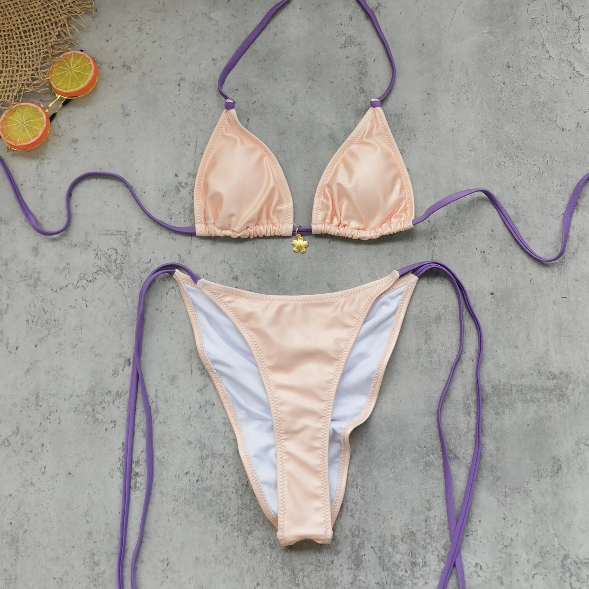 2026 Women's Two-Piece Swimsuit Pink Marble Pattern with Beaded Straps Perfect for Beach Wear and Pool Parties Summer Getaways