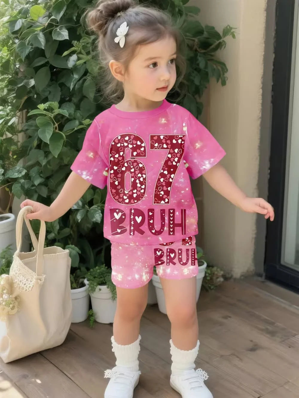 Summer Italian Brainrot 67 Six Seven Cartoon Print Sports Children's Set Short Sleeved Shorts 2PCS Set Girls Casual T-Shirt Set