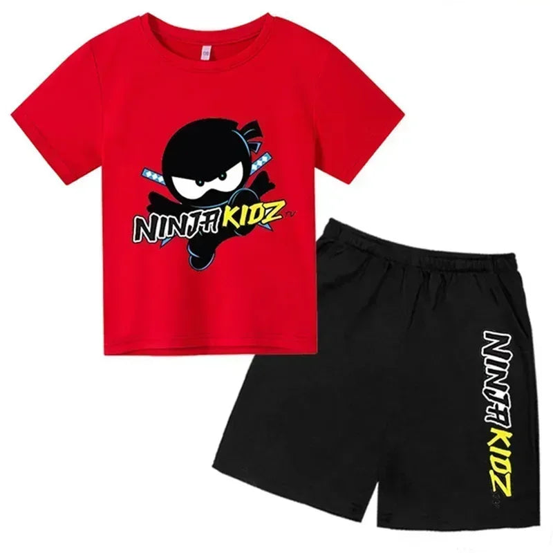 with round neck for boys and girls,Set of t -shirt and short sleeve shorts breathable cotton set with summer ninja print