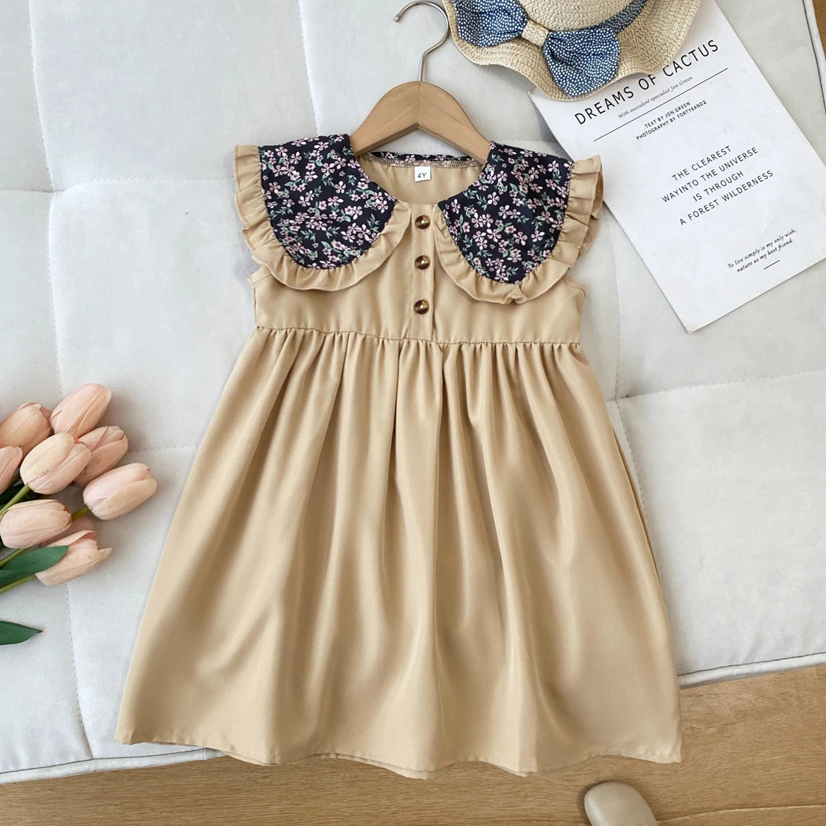 New Girls' Dress 2026 Summer Fashion Floral Navy Collar Sleeveless Dress Children's Clothes Girl Clothing