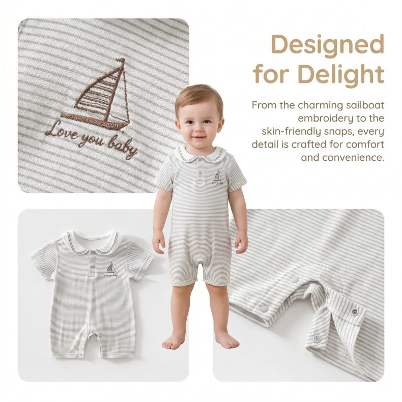 New Summer Newborn Baby Striped Romper Sailor Collar Jumpsuit Thin Breathable Baby Air Conditioner Infant Clothes