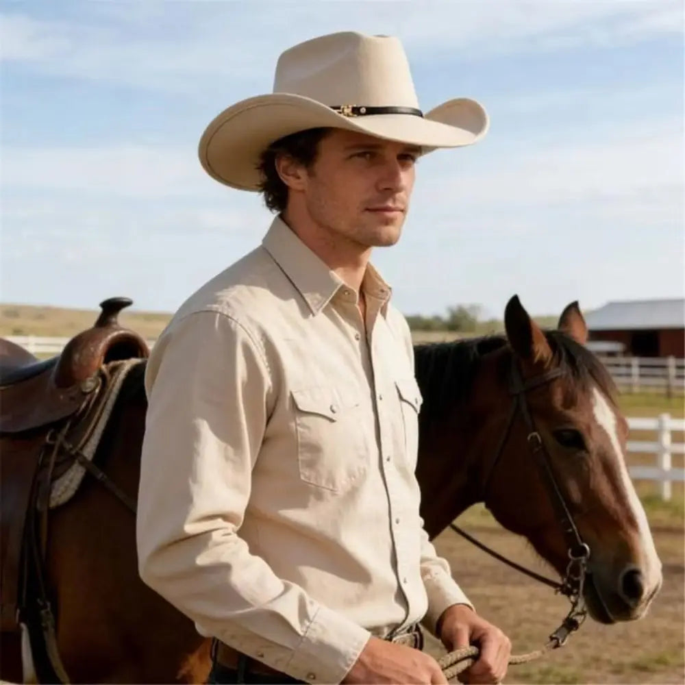 Windproof Cowboy Cap with Large Brims Breathable Western Cowboy Hat Polyester with Decorative Buckle Western Top Hat