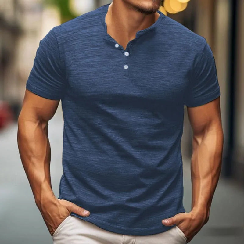 Men's casual Henry-style T-shirt - A fitted short-sleeved round-neck shirt with texture, suitable for daily street wear