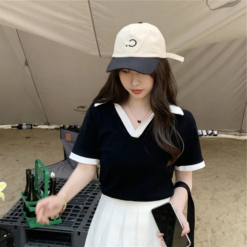 Summer Fashion Y2K T-shirt Woman Patchwork Polo Tee Shirt Femme Sexy OL Clothes Women Short Sleeve V-neck Tshirts Tops