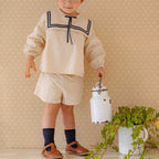 2026 Summer New Children Long Sleeve Clothes Set Boys Girls Bow Sailor Collar Shirts + Shorts 2pcs Suit Kids Cotton Outfits