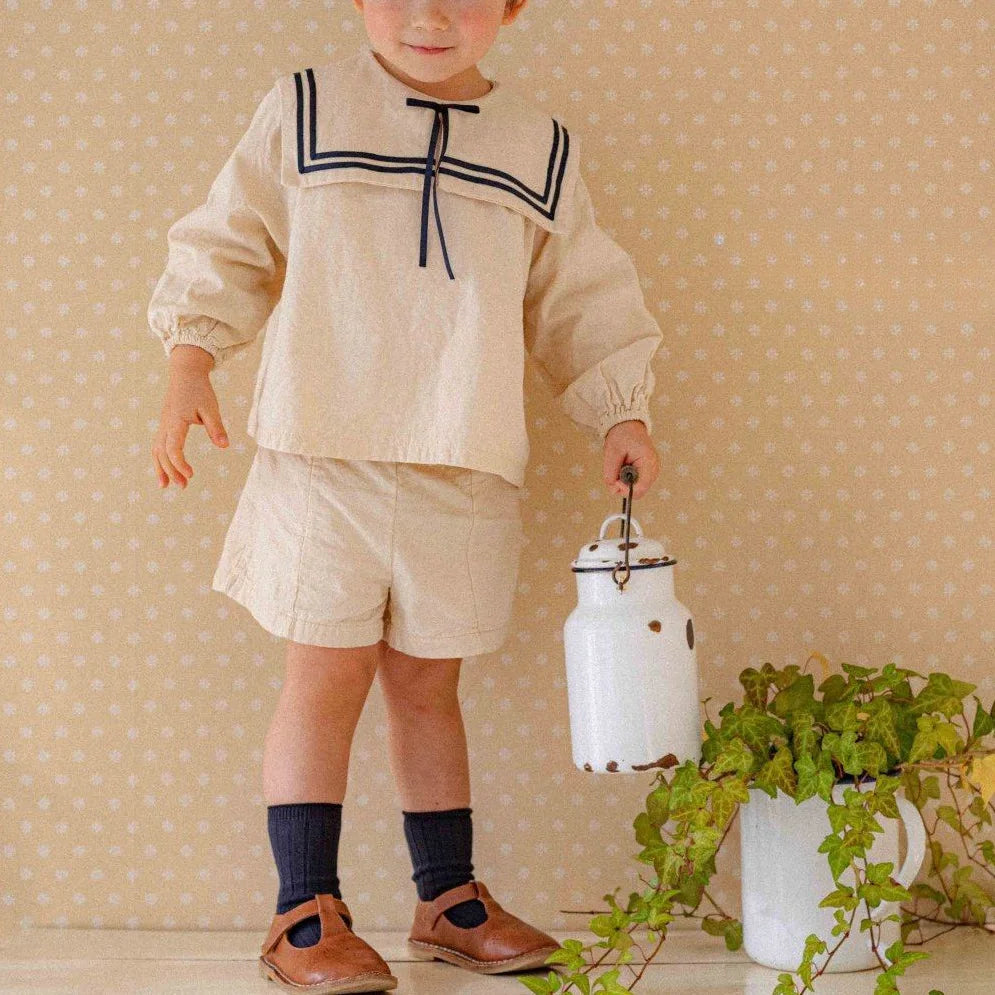 2026 Summer New Children Long Sleeve Clothes Set Boys Girls Bow Sailor Collar Shirts + Shorts 2pcs Suit Kids Cotton Outfits