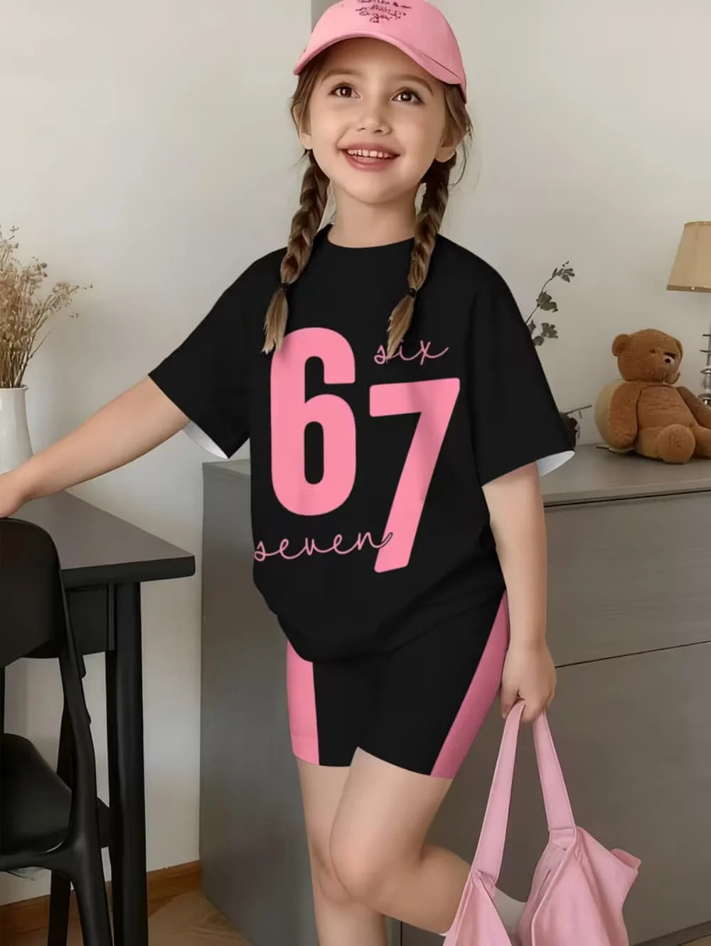 Summer Italian Brainrot 67 Six Seven Cartoon Print Sports Children's Set Short Sleeved Shorts 2PCS Set Girls Casual T-Shirt Set