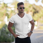 Men's V-Neck Ribbed Slim Fit T-Shirt 2026 Summer Casual Short Sleeve Muscle Fit Tops Streetwear Bodycon Tees