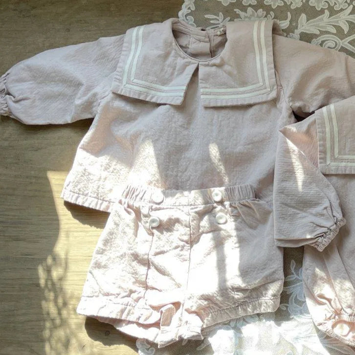 2026 Summer New Children Long Sleeve Clothes Set Boys Girls Bow Sailor Collar Shirts + Shorts 2pcs Suit Kids Cotton Outfits