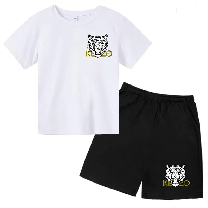 Kids T-shirt Boys Girls Toddlers 3-12Y Fashion Cute Tiger Print Brand Clothing Short Sleeve+Shorts 2P Outdoor Leisure Sports Set