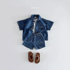 2025 Summer New Children Short Sleeve Clothes Set Boys Girls Denim Shirts + Shorts 2pcs Suit Kids Baby Fashion Casual Outfits