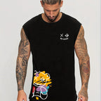 Men's Summer Leisure Sports Fitness Loose Cartoon Bear Pattern Printed Comfortable and Breathable Round Neck Sleeveless Tank Top