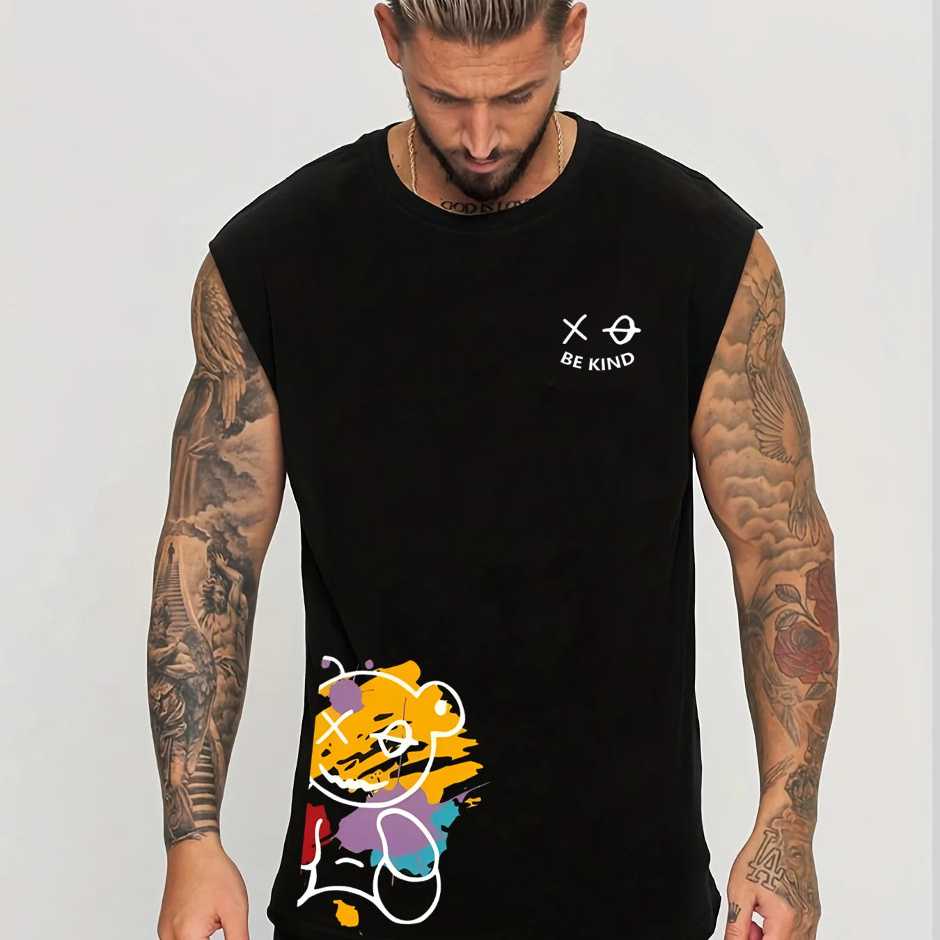 Men's Summer Leisure Sports Fitness Loose Cartoon Bear Pattern Printed Comfortable and Breathable Round Neck Sleeveless Tank Top