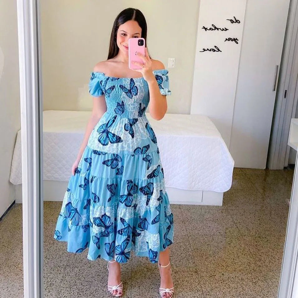 Women's Casual Dresses Elegant Off Shoulder Flower Print Short Sleeve Dress 2026 Trends Beach Birthday Party Dress Robe Vestidos