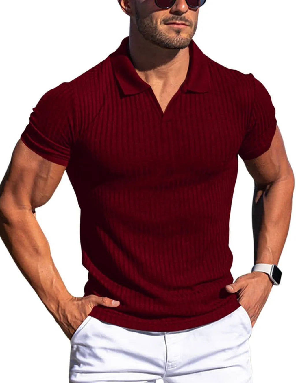 Men's Slim Fit V-Neck Ribbed T-Shirt 2025 Summer Casual Short Sleeve Muscle Fit Tops Streetwear Fashion Bodycon Tees