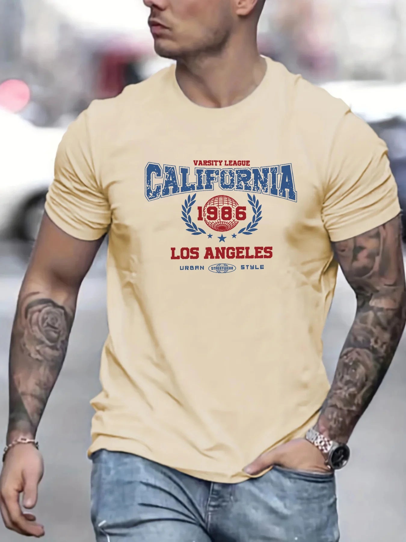 Men's summer 100% pure cotton fashionable casual loose retro California 1985 printed sports round neck short sleeved T-shirt top