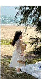 2026 New Girls Dresses Summer Solid Suspenders Dress Hollow-out Long-Sleeved Base Blouse Kid's Beach Wear