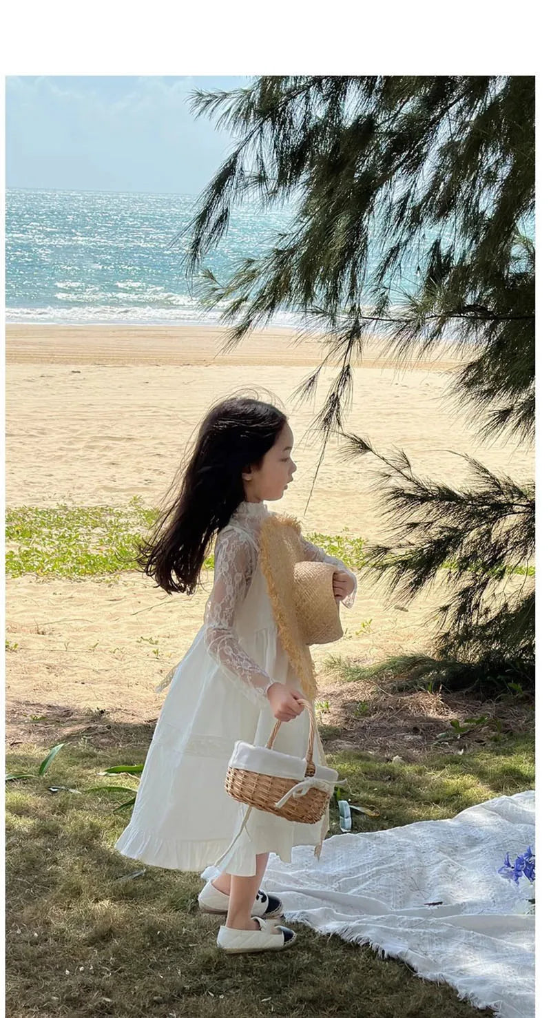 2026 New Girls Dresses Summer Solid Suspenders Dress Hollow-out Long-Sleeved Base Blouse Kid's Beach Wear