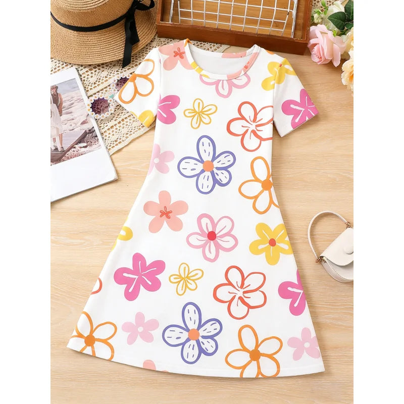 2026Girls White Bottom Colorful Flower Print Short Sleeve Dress