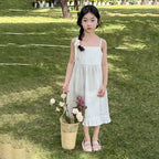 2026 New Girls Dresses Summer Solid Suspenders Dress Hollow-out Long-Sleeved Base Blouse Kid's Beach Wear