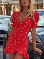Chic Ruffle Print Slim Short Dress Women Chic Patchwork Flared sleeves V-neck Pleated Dresses 2026 Lady Summer Casual Vestidos