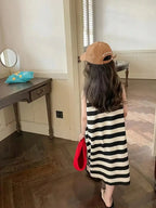 2026 girls' casual summer style striped round neck loose and comfortable holiday sleeveless children's dress long skirt001