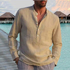Cotton Linen Hot Sale Men's Long-Sleeved Shirts Summer Solid Color Stand-Up Collar Casual Beach Style Plus Size