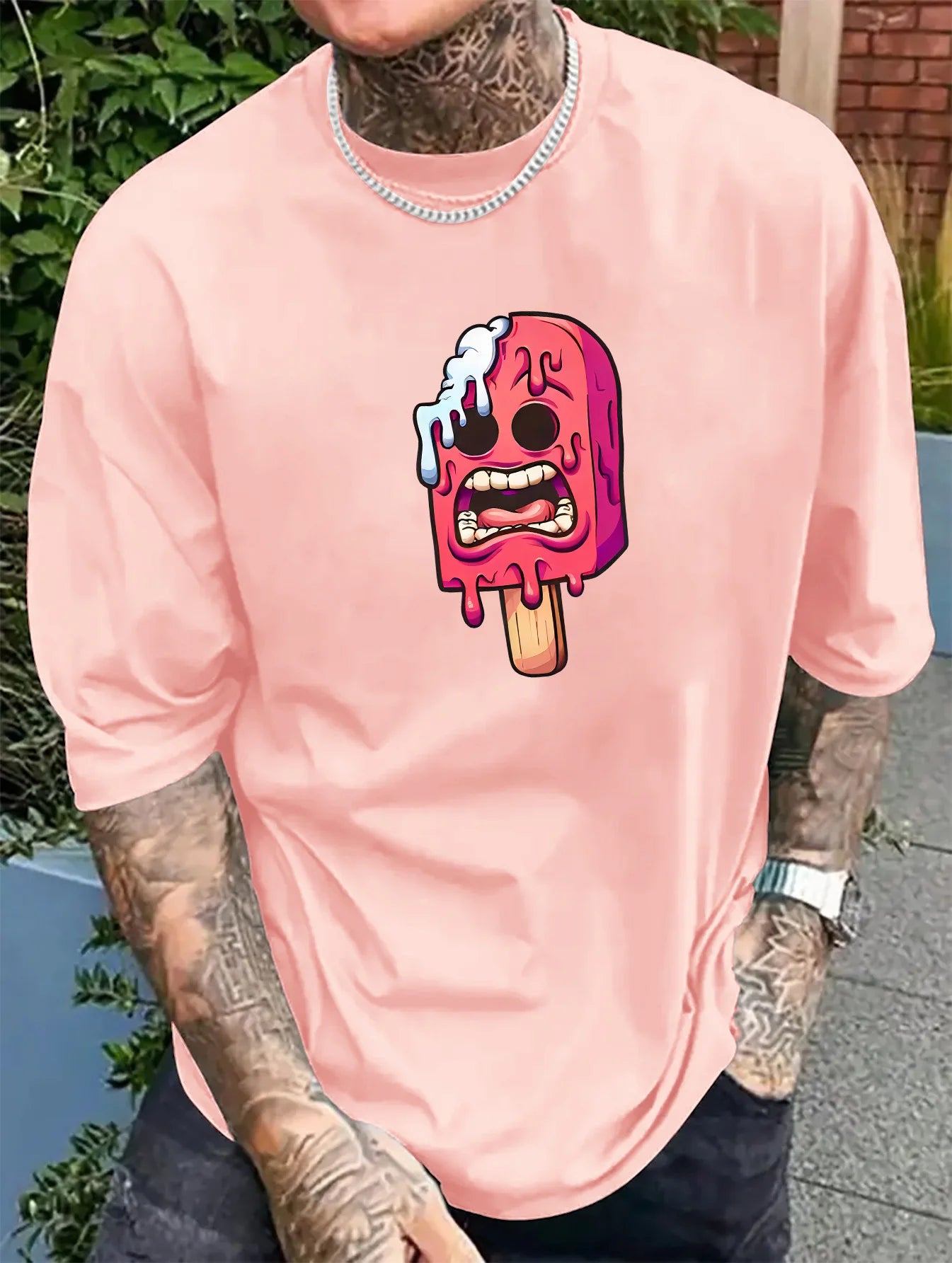 Men's summer 100% pure cotton fashionable casual sports loose ice cream pattern print round neck short sleeved T-shirt top