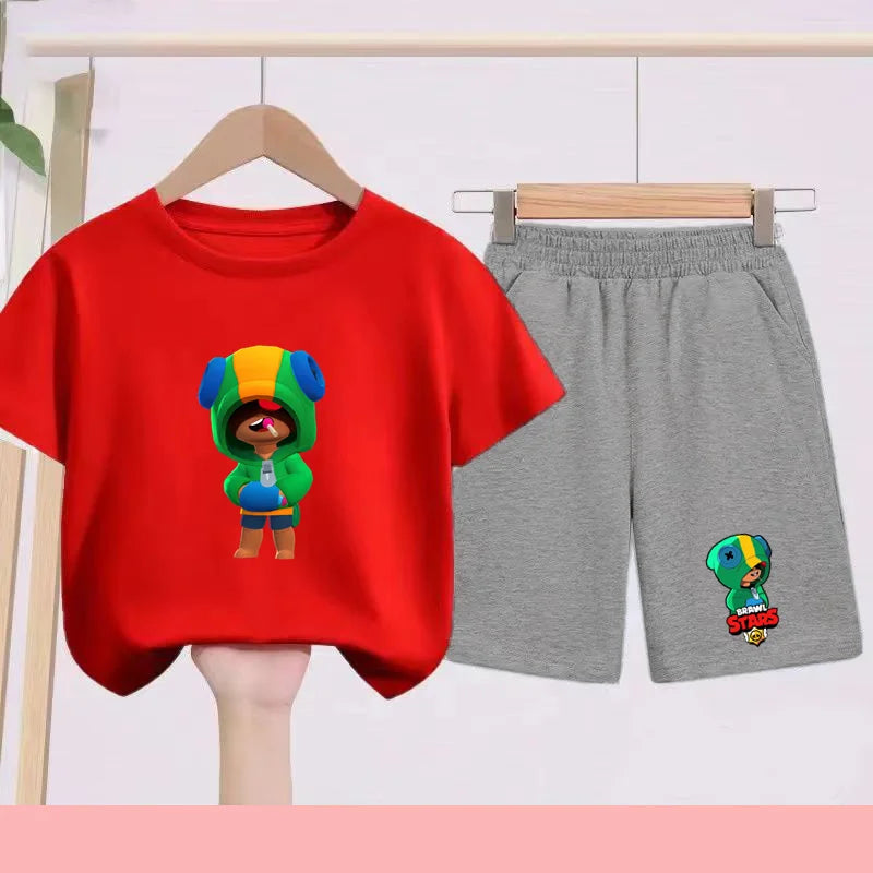 Children's Set Summer Suitable for Both Boys and Girls -Round-neck Cartoon Anime Sports T-Shirt Baby Short-Sleeved Shorts (Set)