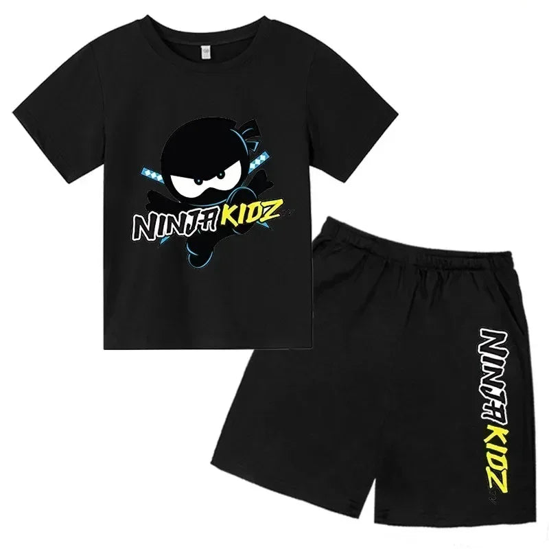 with round neck for boys and girls,Set of t -shirt and short sleeve shorts breathable cotton set with summer ninja print