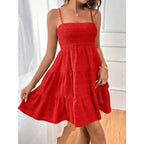 Women's Fashion Spaghetti Strap Smocked Bustier Mini Dress Blue Ruffled Tiered Swing Dress Summer Casual Vacation Beach Wear