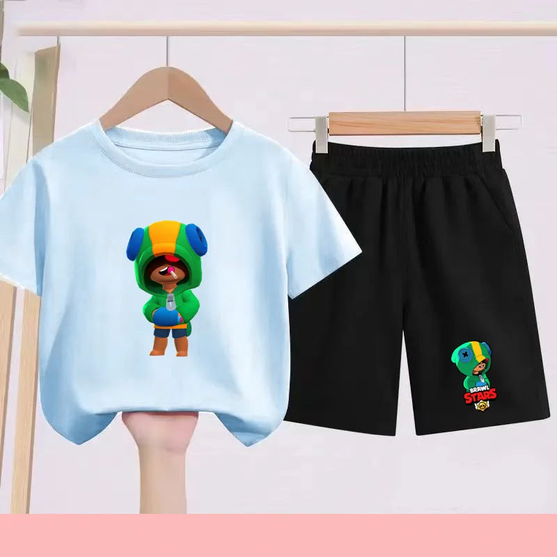 Children's Set Summer Suitable for Both Boys and Girls -Round-neck Cartoon Anime Sports T-Shirt Baby Short-Sleeved Shorts (Set)