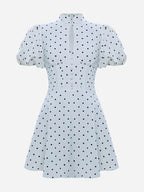 Retro Polka Dot Mini A-line Dress Elegant Stand Collar Puff Short Sleeve Waist-cinching Dresses 2026 New Lady Party Gowns