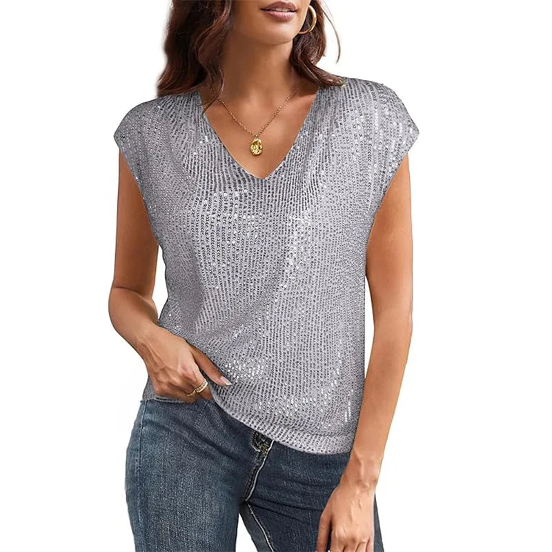 2026 European and American V-neck Sequin Short Sleeve Women's Shiny Vest Party Shirt