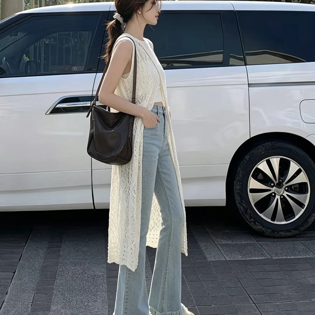 2026Boho Crochet Sleeveless Long Cardigan Women Summer Openwork Knit Vest Loose Maxi Kimono Cover Up Beachwear