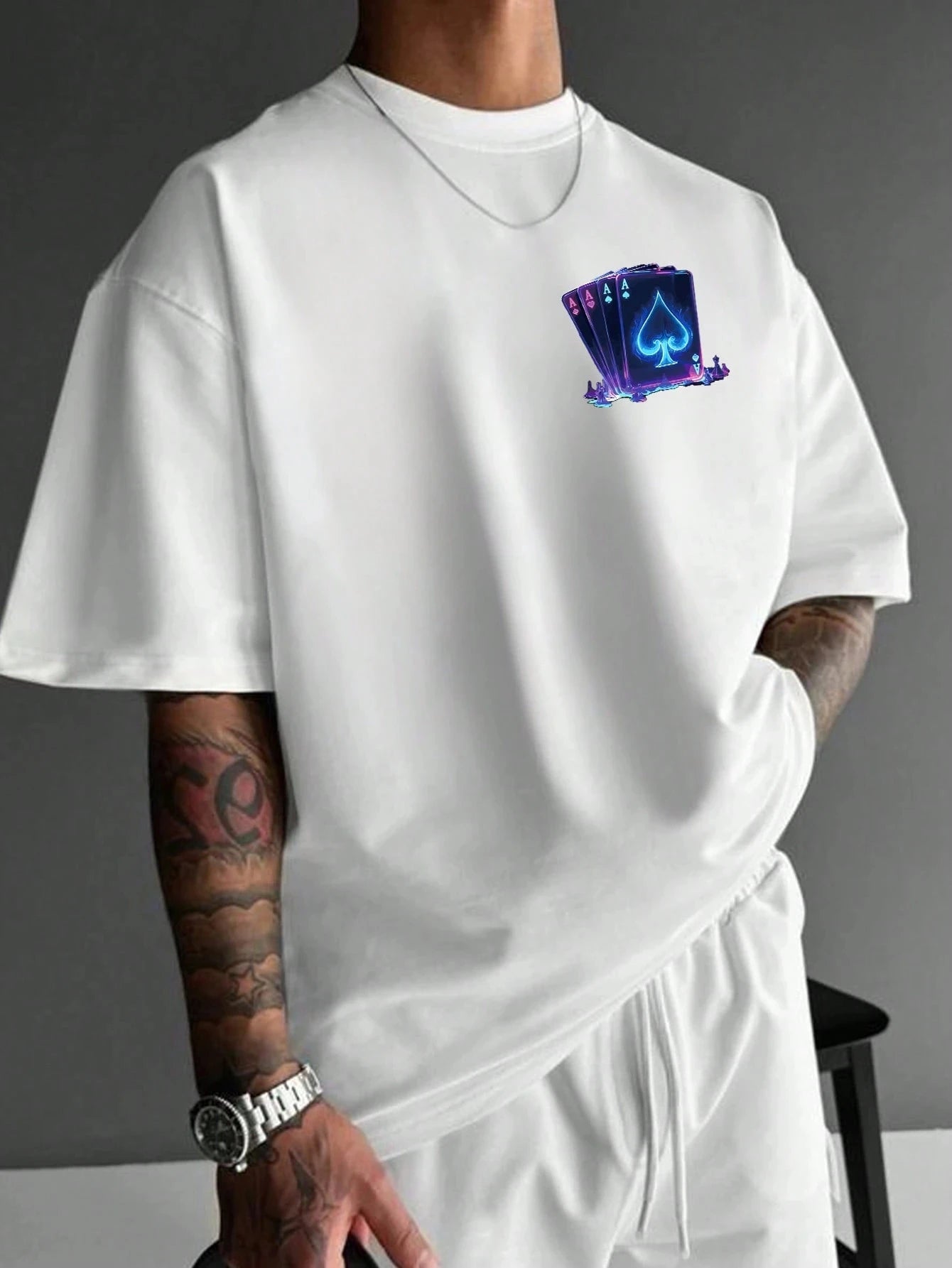 Men's summer 100% pure cotton fashionable casual sports loose Cool Playing Card Print round neck short sleeved T-shirt versatile