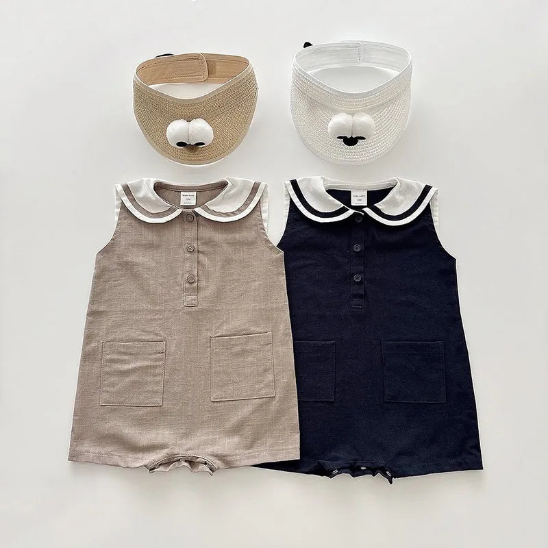 2026 Summer New Baby Sleeveless Bodysuit Cotton Infant Boy Girl Solid Sailor Collar Jumpsuit Newborn Toddler Clothes 0-24M