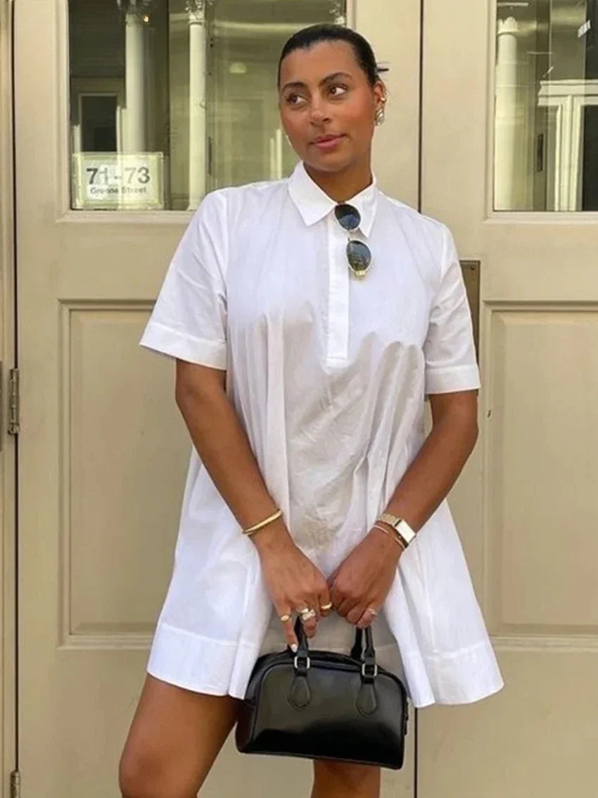 Summer Loose White Cotton Women's Dress  Casual Lapel Short Sleeve Mini Dresses Elegant Classic Solid Female Dress
