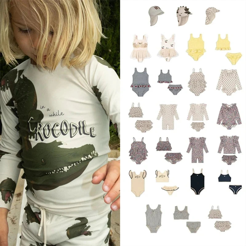 2026 Summer Baby Girls KS Floral Swimwear Sets One Piece Kids Holiday Swimsuits Toddler Girl Swim Bikini Outwear Shorts Cap 1-9Y