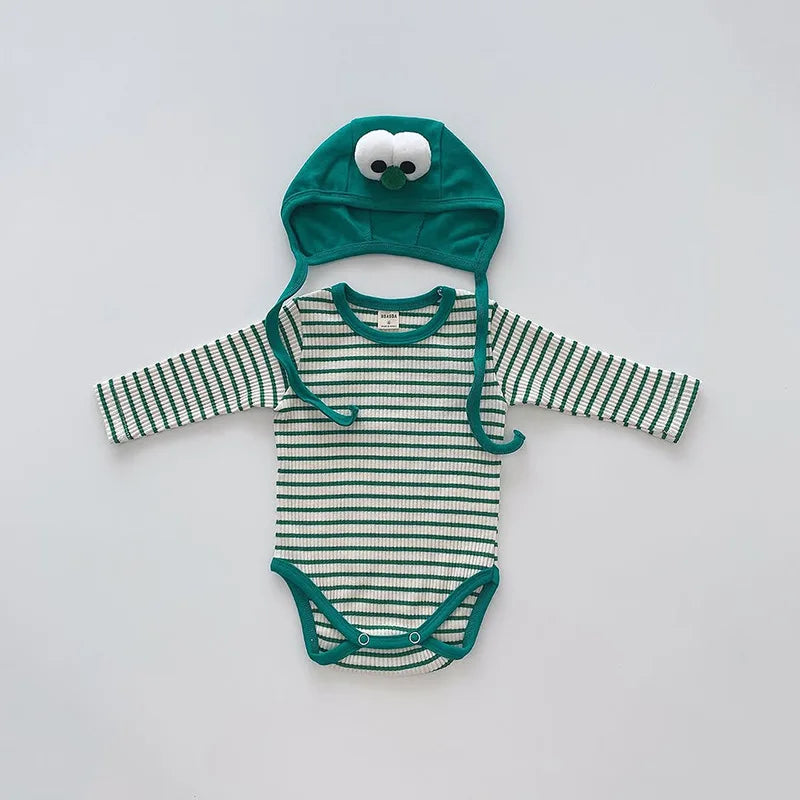 2026 Spring New Baby Long Sleeve Bodysuit + Hat Infant Girls Cute Thin Striped Jumpsuit Newborn Toddler Cotton Clothes 0-24M