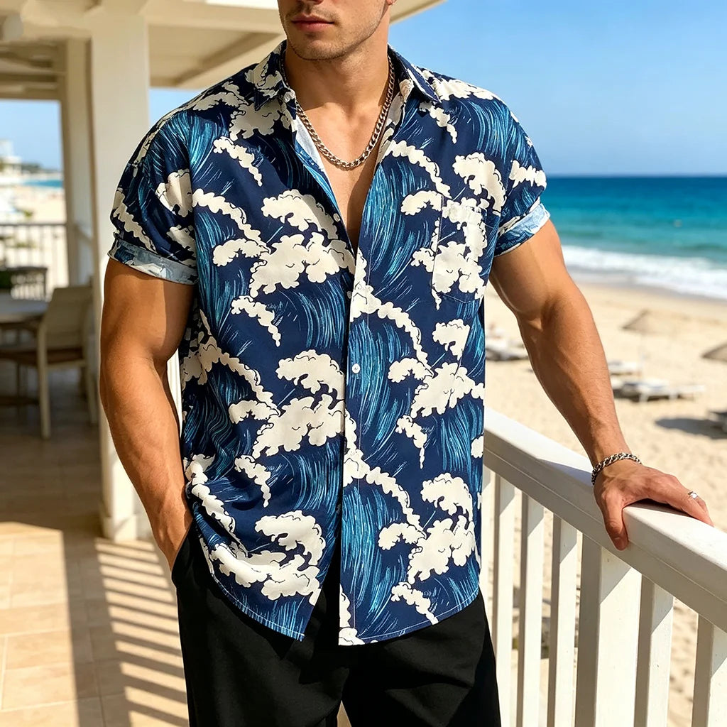 2026Men's Hawaiian Shirt Summer Short Sleeve Button Up Shirt Vintage Wave Print Casual Loose Blouse for Beach Vacation Holiday