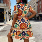 2026Women's Summer Floral Print Shirt Dress Puff Sleeve Ruffle Hem A-Line Mini Dress