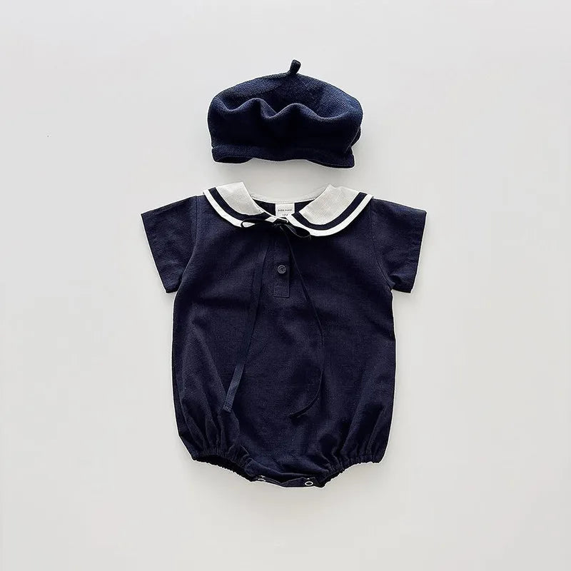 2026 Summer New Baby Short Sleeve Bodysuit Cotton Infant Girl Preppy Style Sailor Collar Jumpsuit Solid Newborn Clothes 0-24M